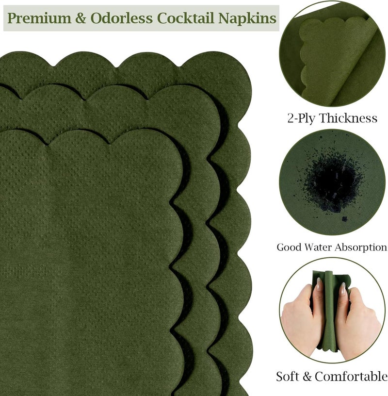 Hoiny 100 Pcs Cocktail Napkins, 2-Ply 5 x 5 Inches Disposable Scalloped Napkins, Thick Premium Dessert Napkins for Party, Wedding, Dinner, Birthday, Anniversary, Festival (Green) - Image 3